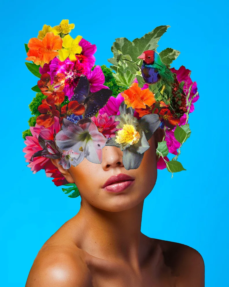 Collage of a woman with a crown of flowers over her eyes