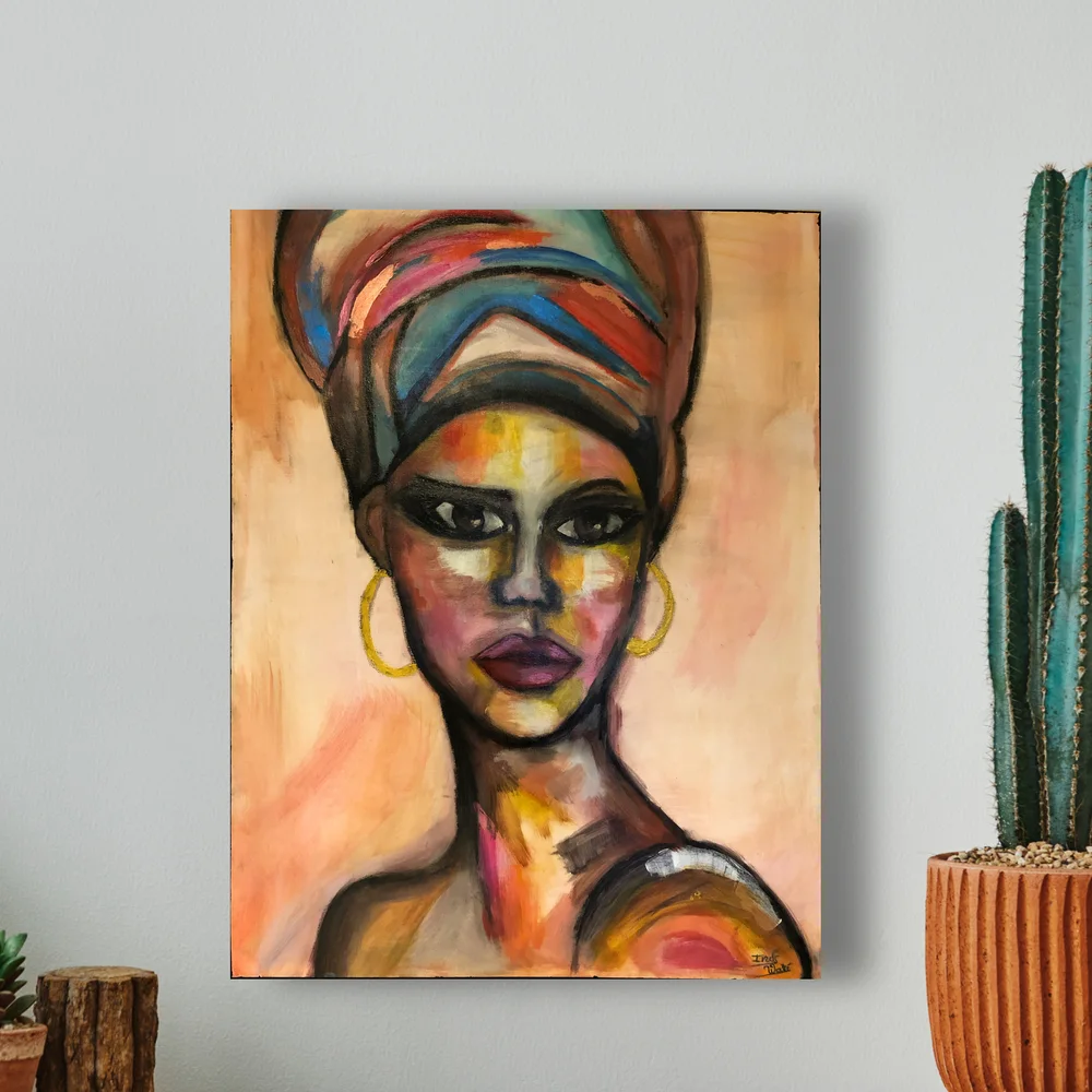 Painting of a woman in a colourful headwrap, hanging on a wall