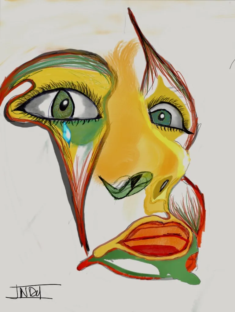Colourful line drawing of a crying face