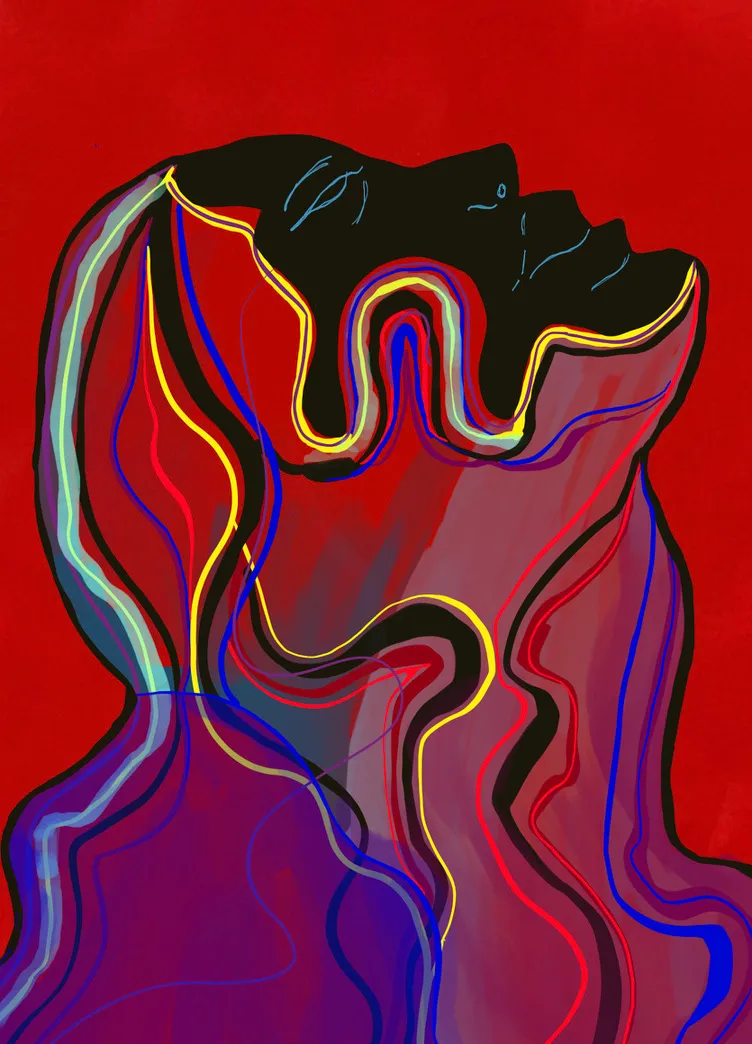 Illustrated figure in red, purple and gold lines