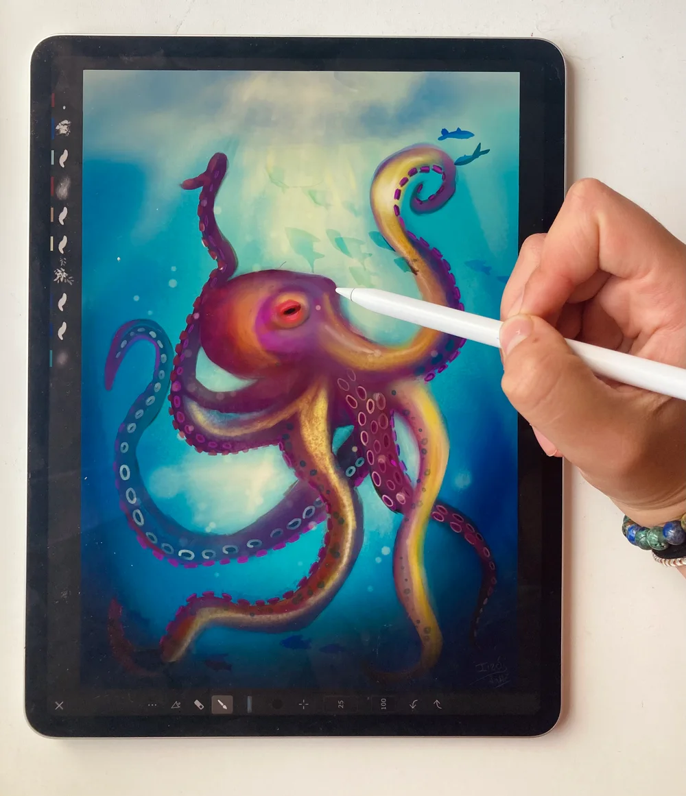 Painting an octopus on an iPad with a stylus