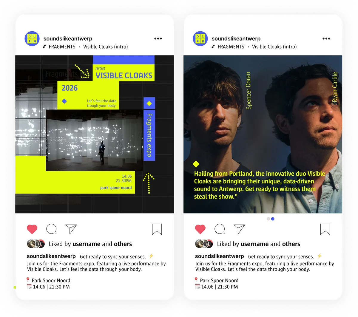 Two Instagram carousel posts for the Fragments expo with a live performance by Visible Cloaks