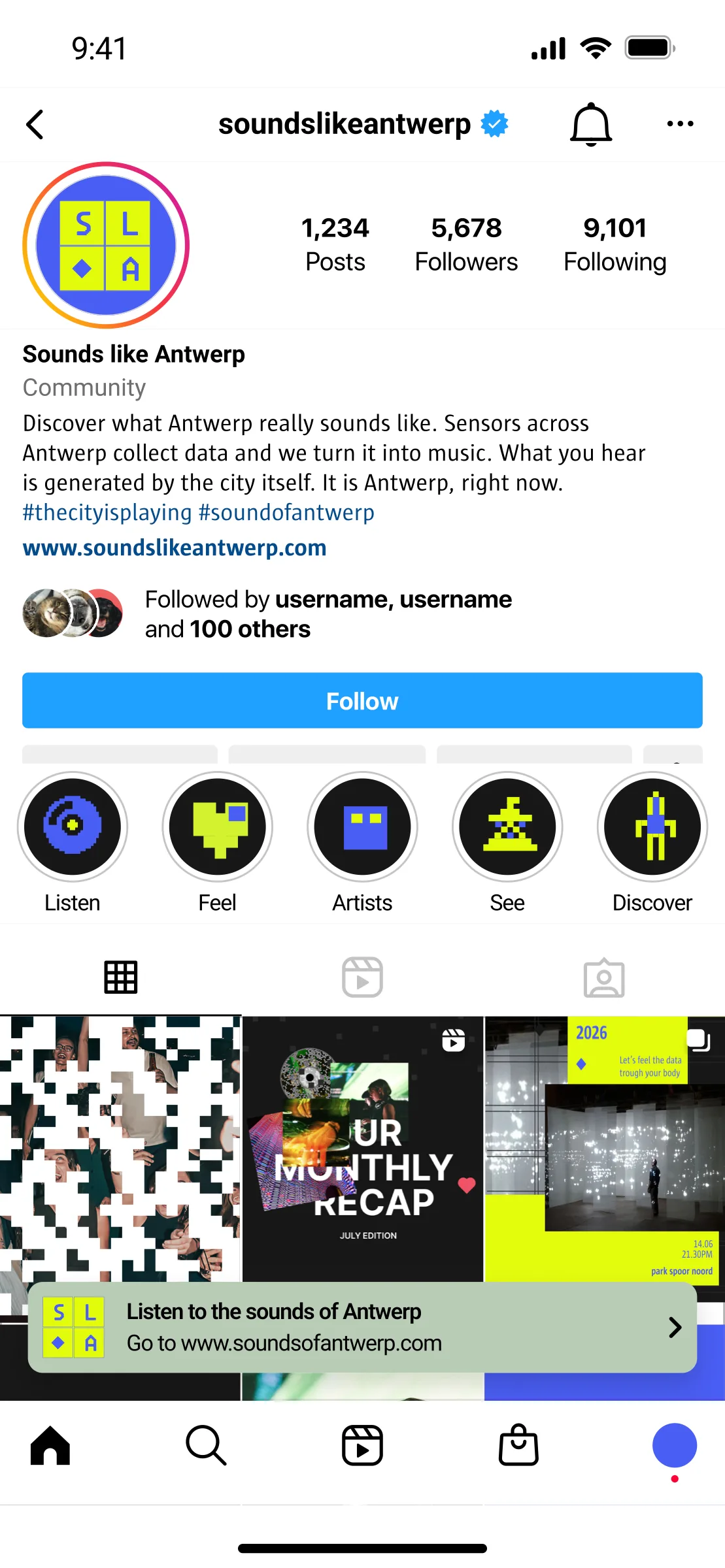 The soundslikeantwerp Instagram profile: bio, pixel-icon highlights and a grid of posts