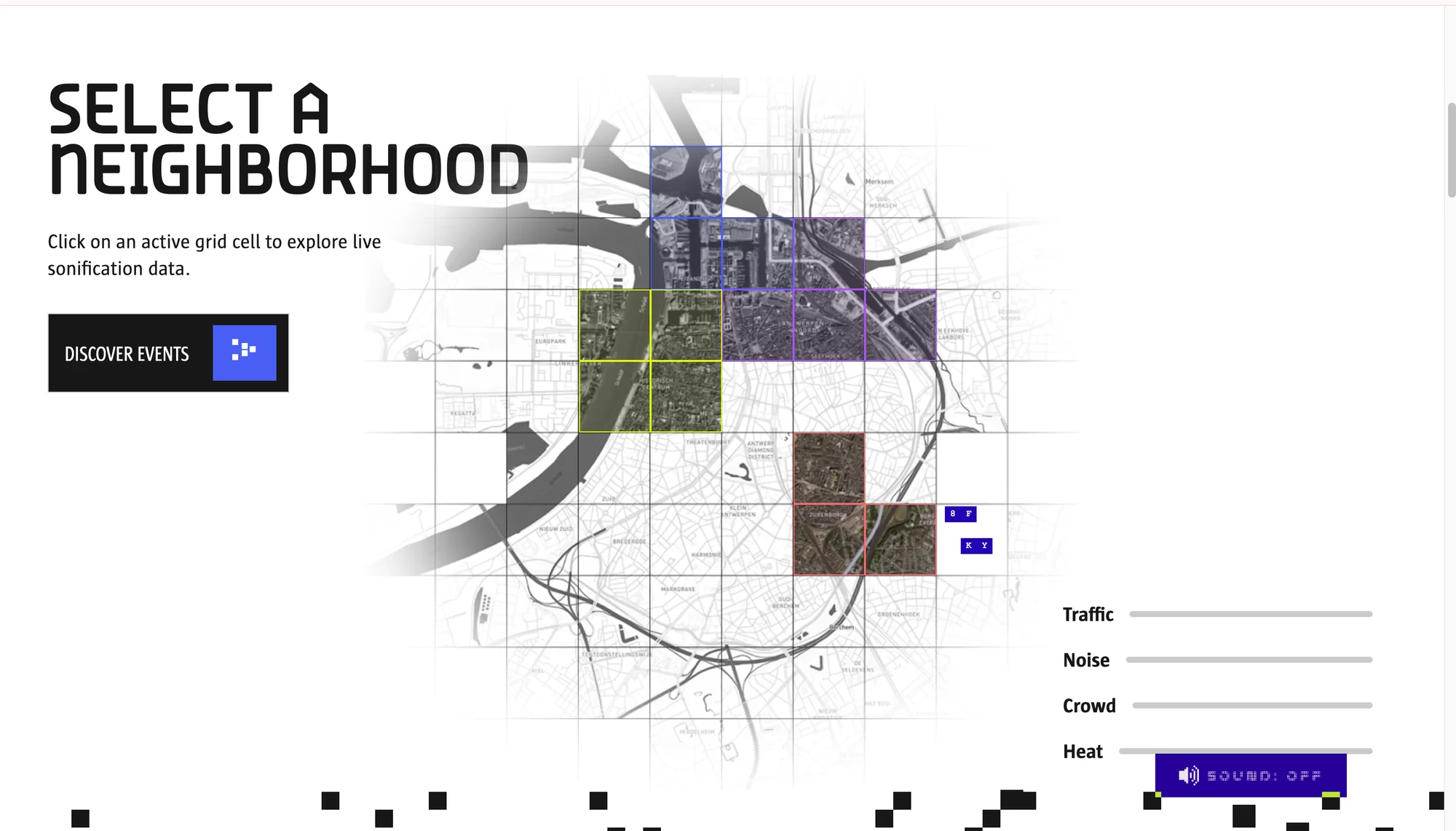 Neighbourhood map with live traffic, noise, crowd and heat data