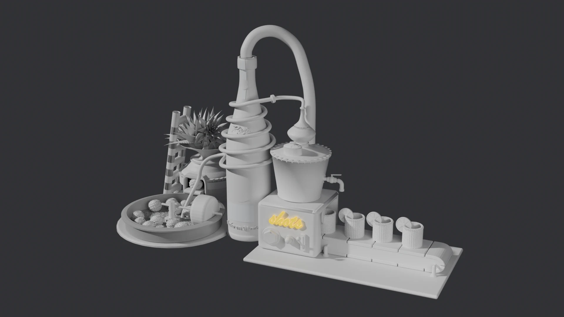 Clay render of the detailed factory in Blender: the stone mill with roasted agave hearts, the agave plant, the bottle with its coil, the copper still, the shots machine with a glowing sign and a conveyor belt with shot glasses