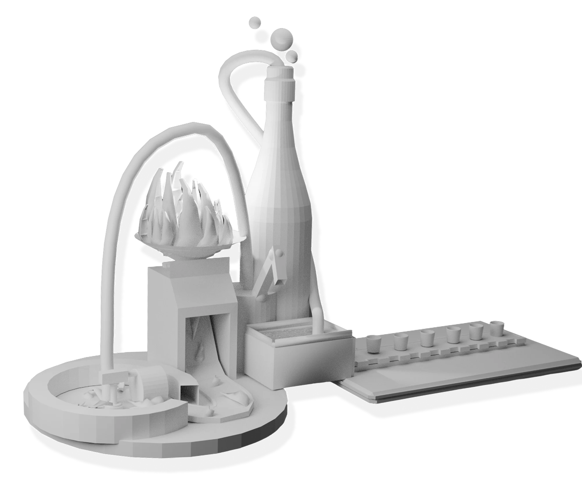 White blockout of the factory in Blender: simple shapes for the mill, the agave, the bottle with a pipe and the row of shot glasses
