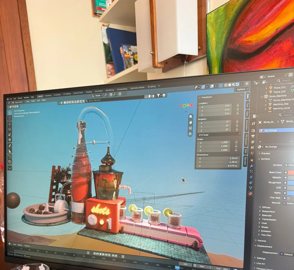 Second texture iteration in Blender: a red bottle, glass shots with lime on a pink conveyor belt, a tiled floor and a sandy desert under a blue sky