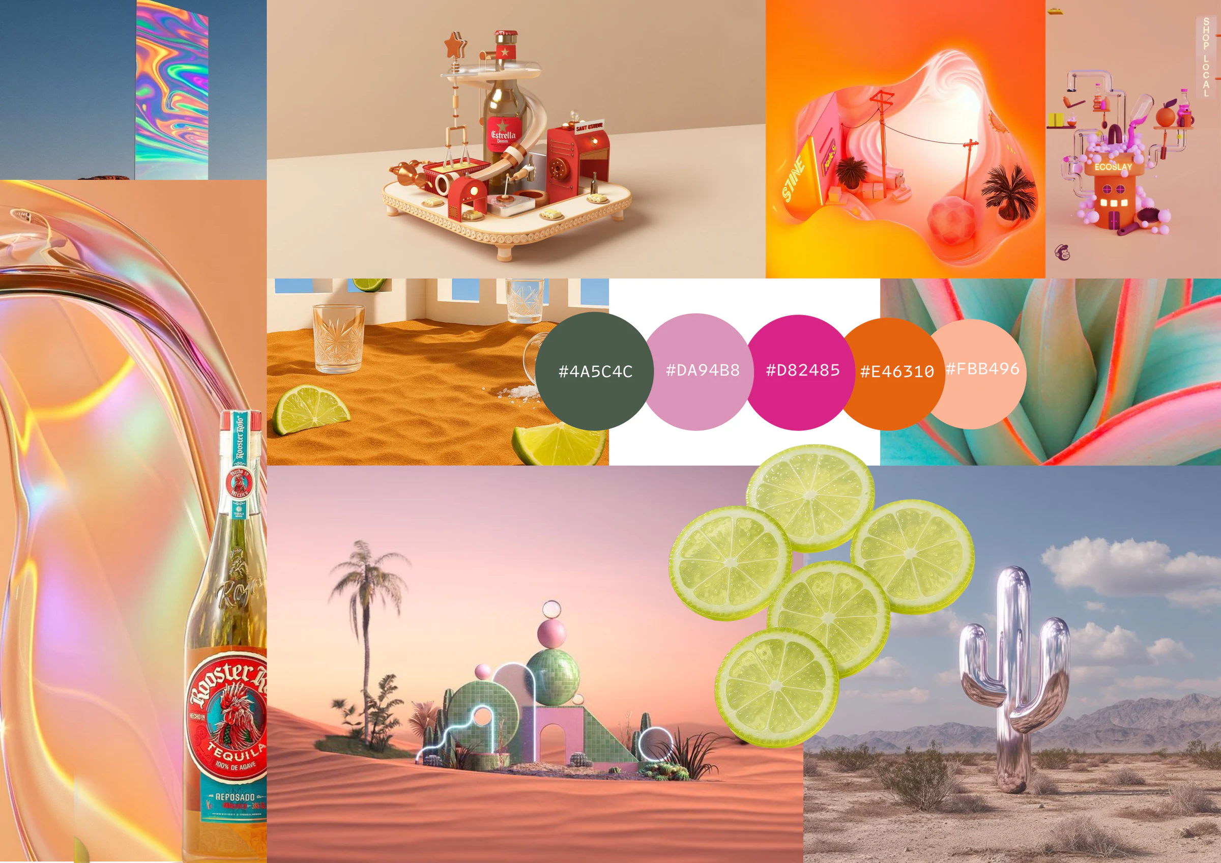 Styleboard with playful 3D dioramas, iridescent glass, desert sand with shot glasses and lime, agave leaves, a chrome cactus, the Rooster Rojo bottle and a palette of agave green, pink, magenta, orange and peach