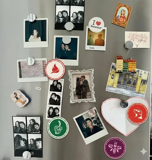 A fridge door full of photo-booth strips and polaroids, with round Miles & Meals magnets of the chili, the bee, the pepper and the dog between them
