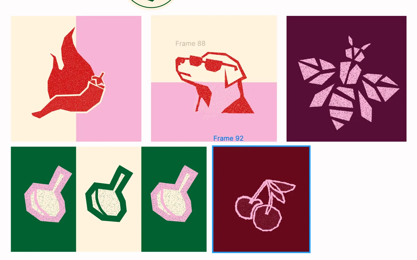 Illustrations with a grainy, lino-like texture: a chili, a dog with sunglasses, a bee, garlic and cherries
