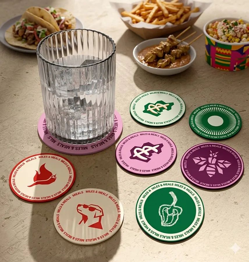 Miles & Meals coasters in pink, green, red and purple around a glass of water and street food