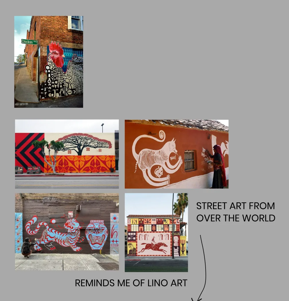 Moodboard of street art murals from around the world: a rooster, a tiger, a cat and a horse in bold flat shapes