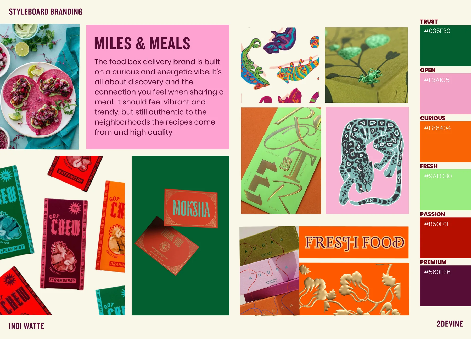 Styleboard: food photography, packaging and illustrated animals, with six colours: trust green, open pink, curious orange, fresh green, passion red and premium purple
