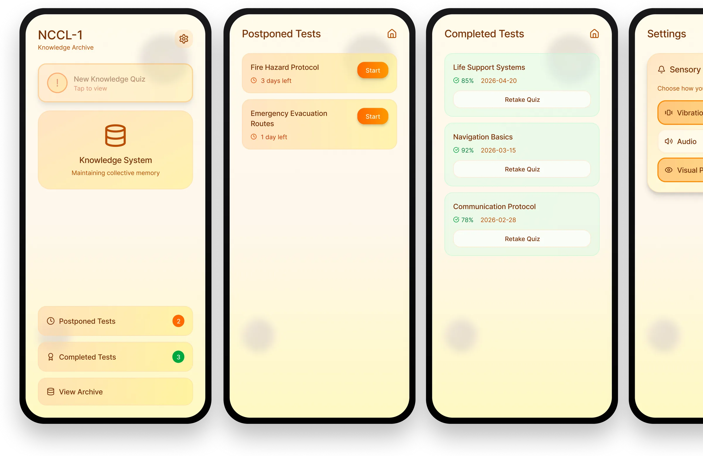 Quiz app, iteration 1: the NCCL-1 home screen, postponed tests, completed tests and sensory settings
