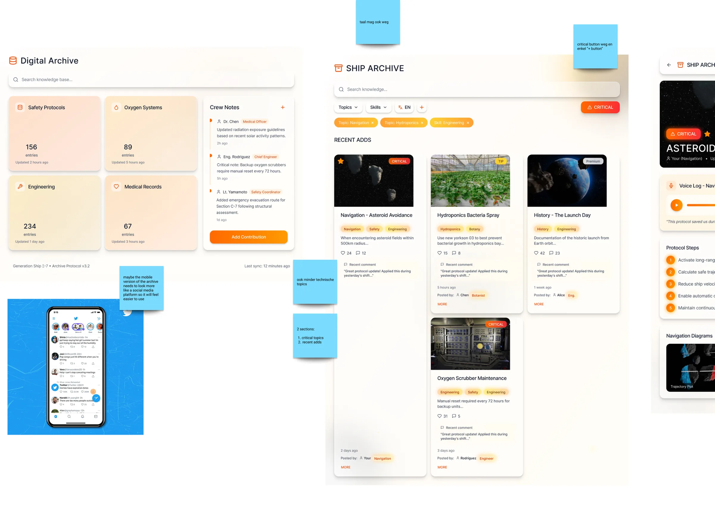 Archive dashboard, iteration 1, with sticky-note feedback from testing