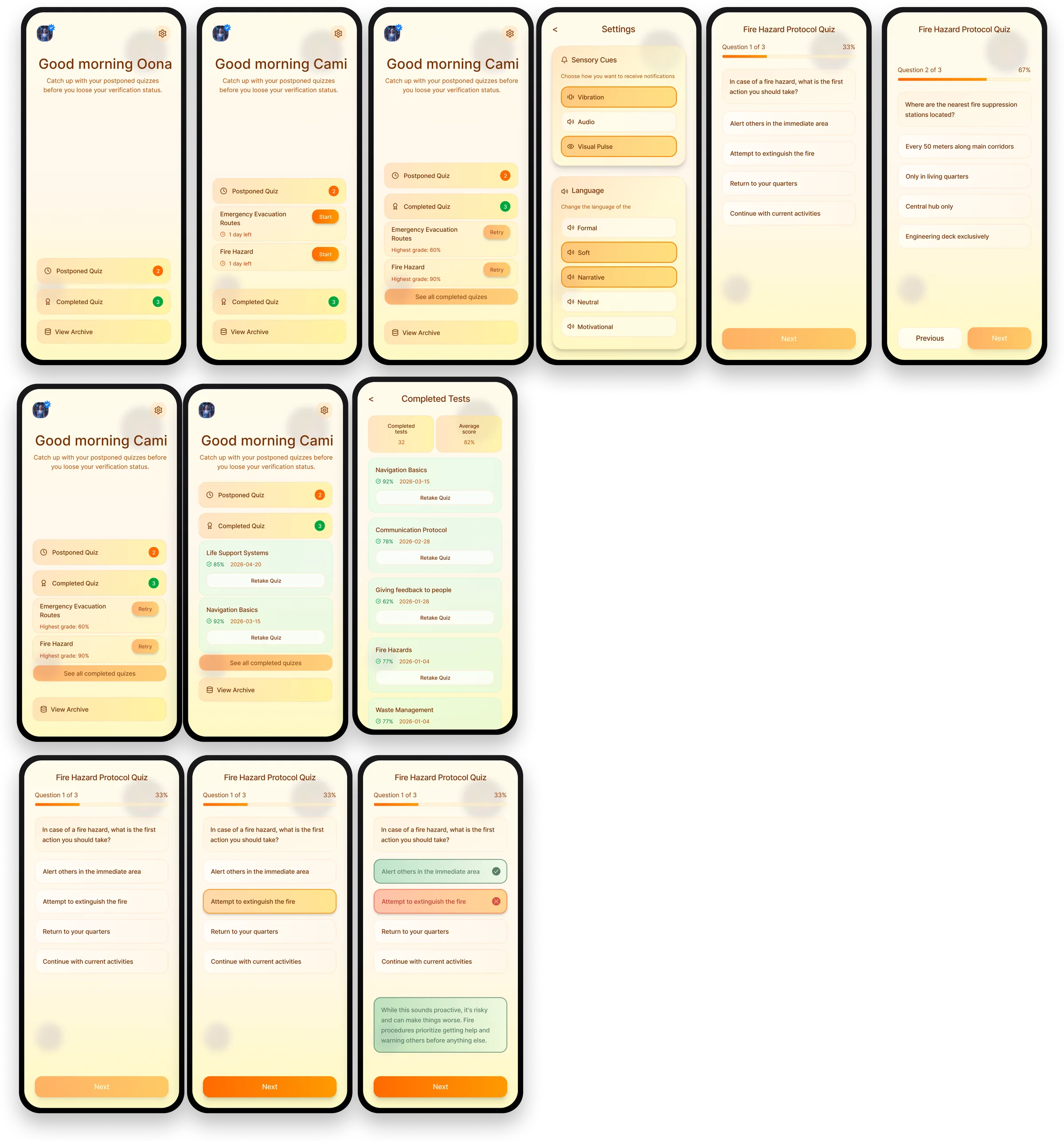 Quiz app, iteration 2: Good morning Oona home, postponed and completed quizzes, sensory cue and tone-of-voice settings, and a quiz with feedback after every answer