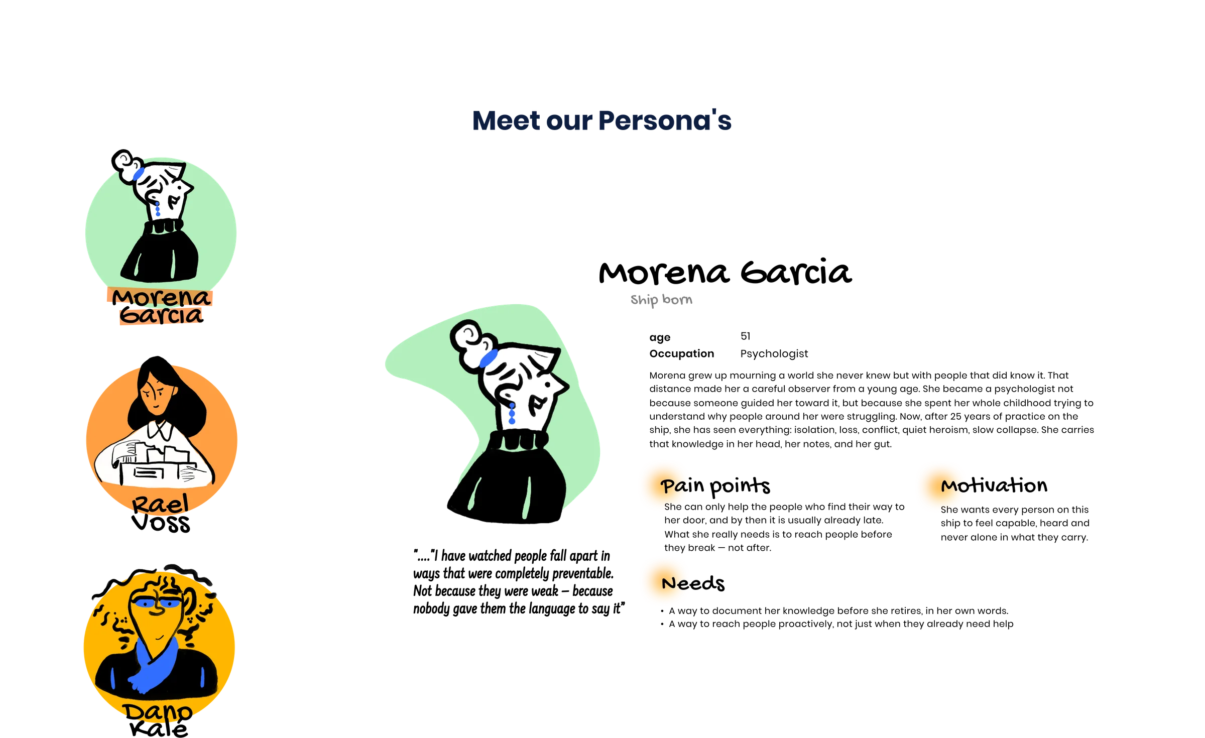 Persona overview: illustrated portraits of Morena Garcia, Rael Voss and Dano Kalé, with Morena's full profile: background, pain points, motivation and needs