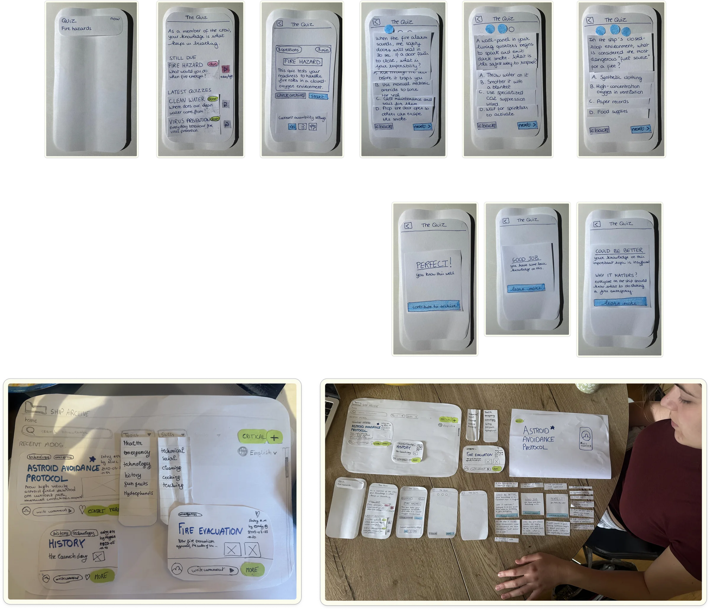 Paper prototypes of the quiz app and the archive, laid out on a table during a Wizard of Oz session