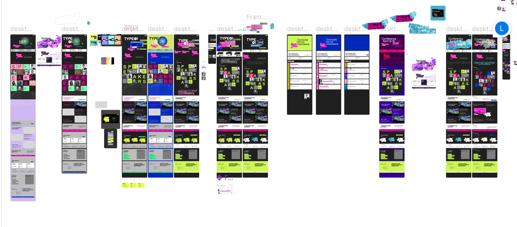 Figma canvas with many iterations of the TYPE01 homepage in black, lime, pink and blue, each with the big SPEAKERS letter grid