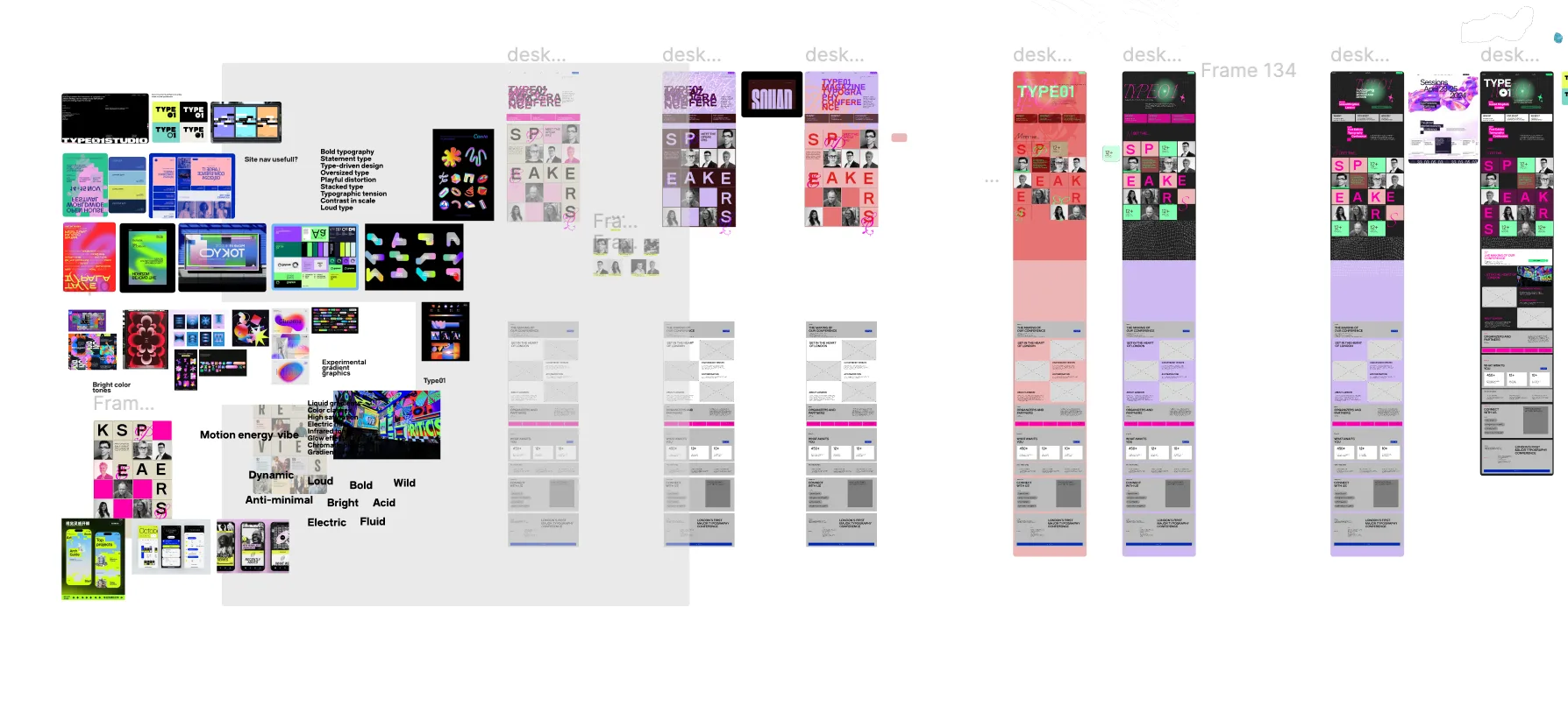 Figma canvas with a moodboard (bold typography, bright colour, experimental gradients, keywords like loud, acid and electric) next to the first homepage versions in pink and lilac