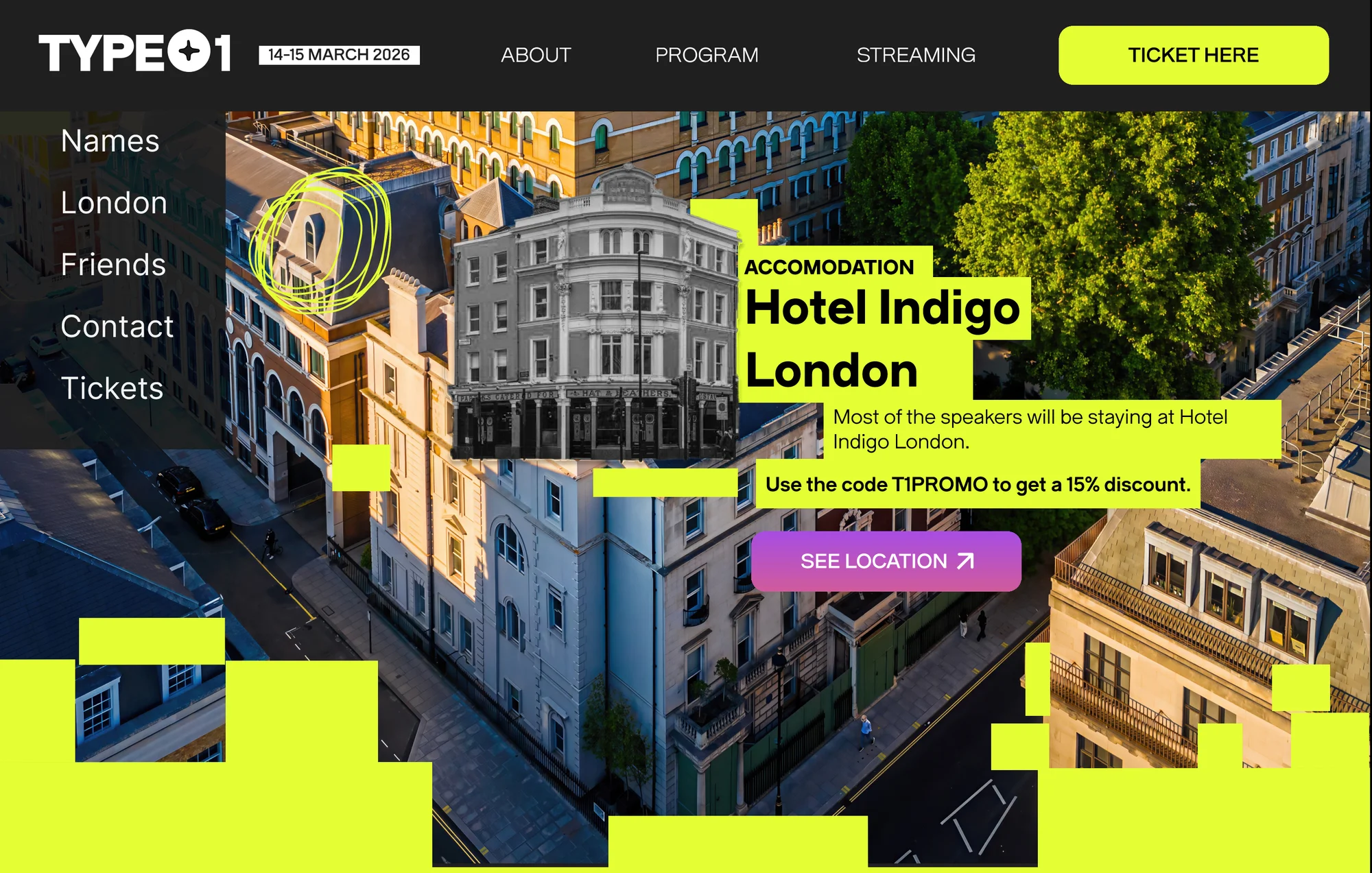 TYPE01 website: accommodation section for Hotel Indigo London with a discount code