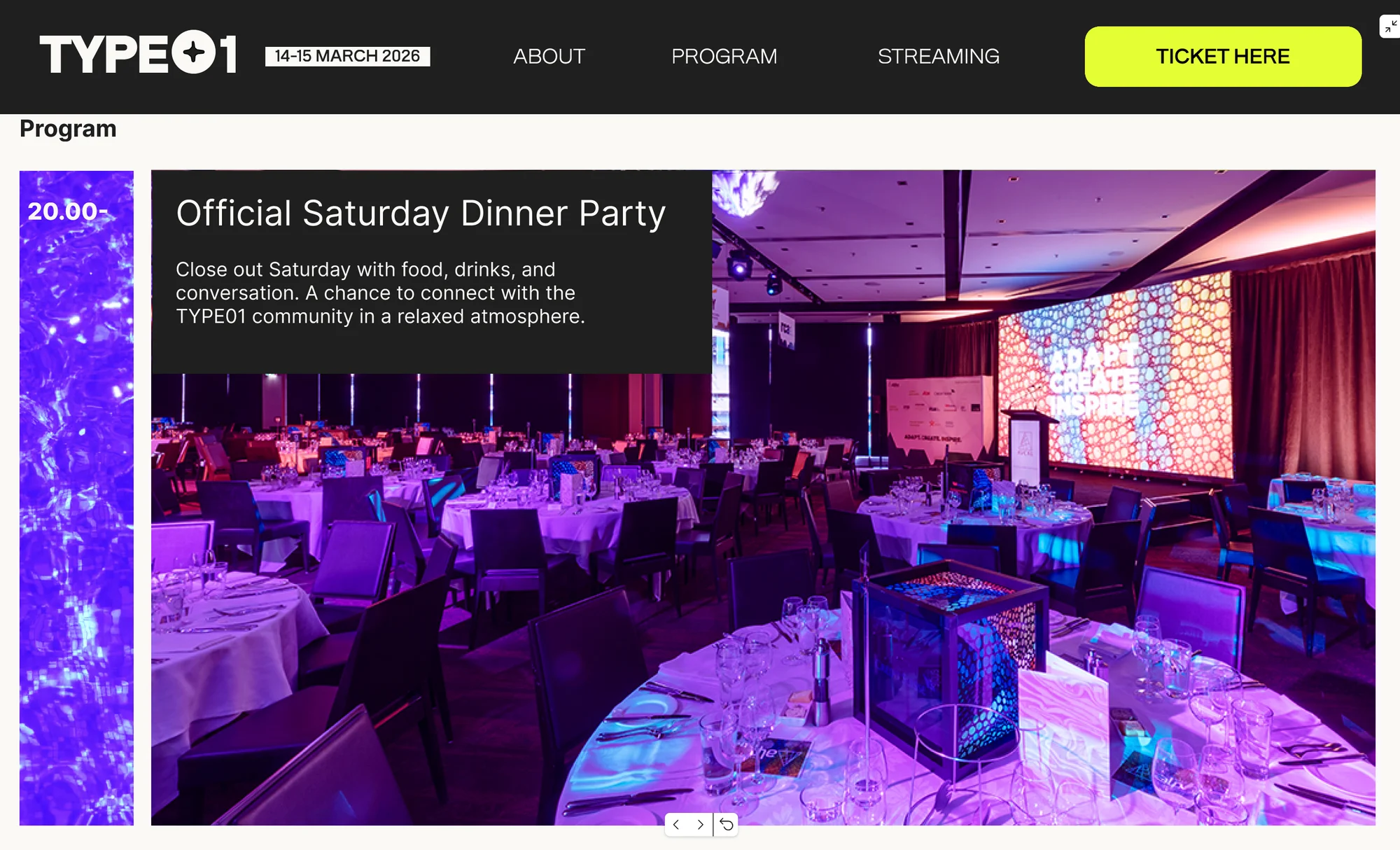 TYPE01 website: program card for the Official Saturday Dinner Party