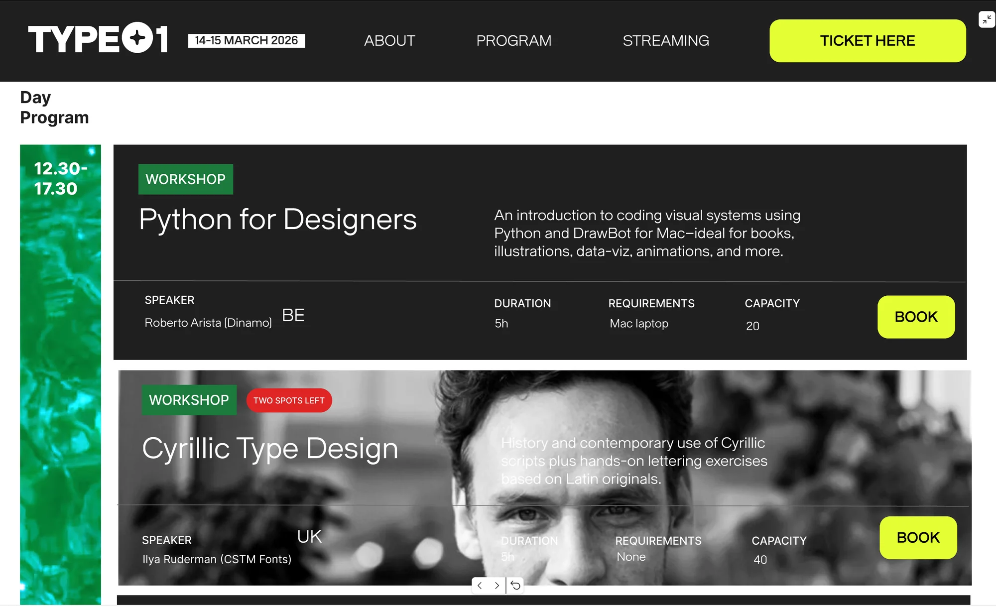 TYPE01 website: day program with workshop cards for Python for Designers and Cyrillic Type Design