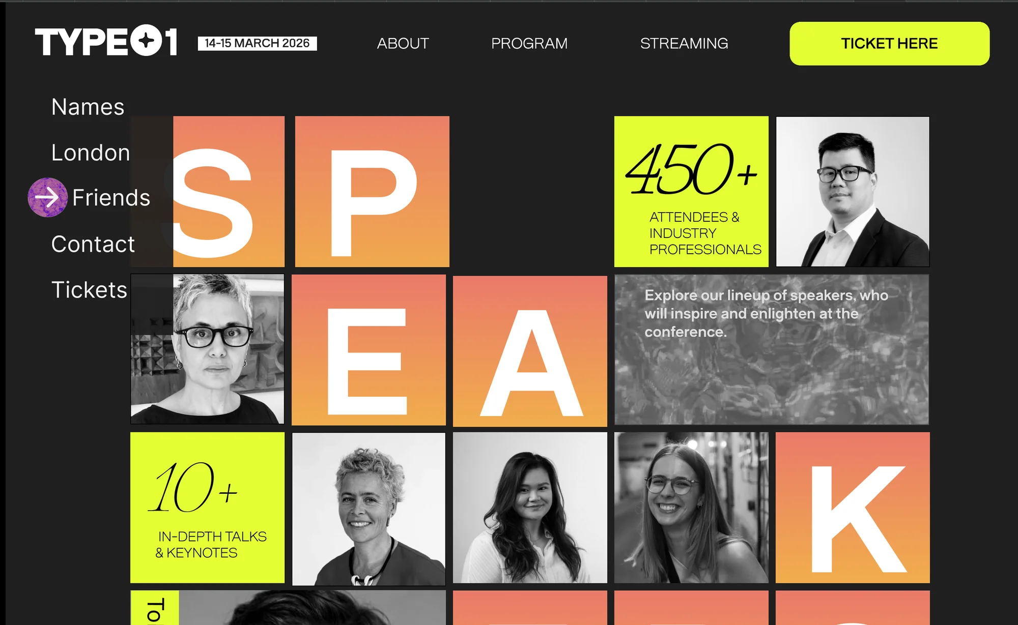 TYPE01 website: speakers grid with big SPEAK letters, speaker portraits and key numbers