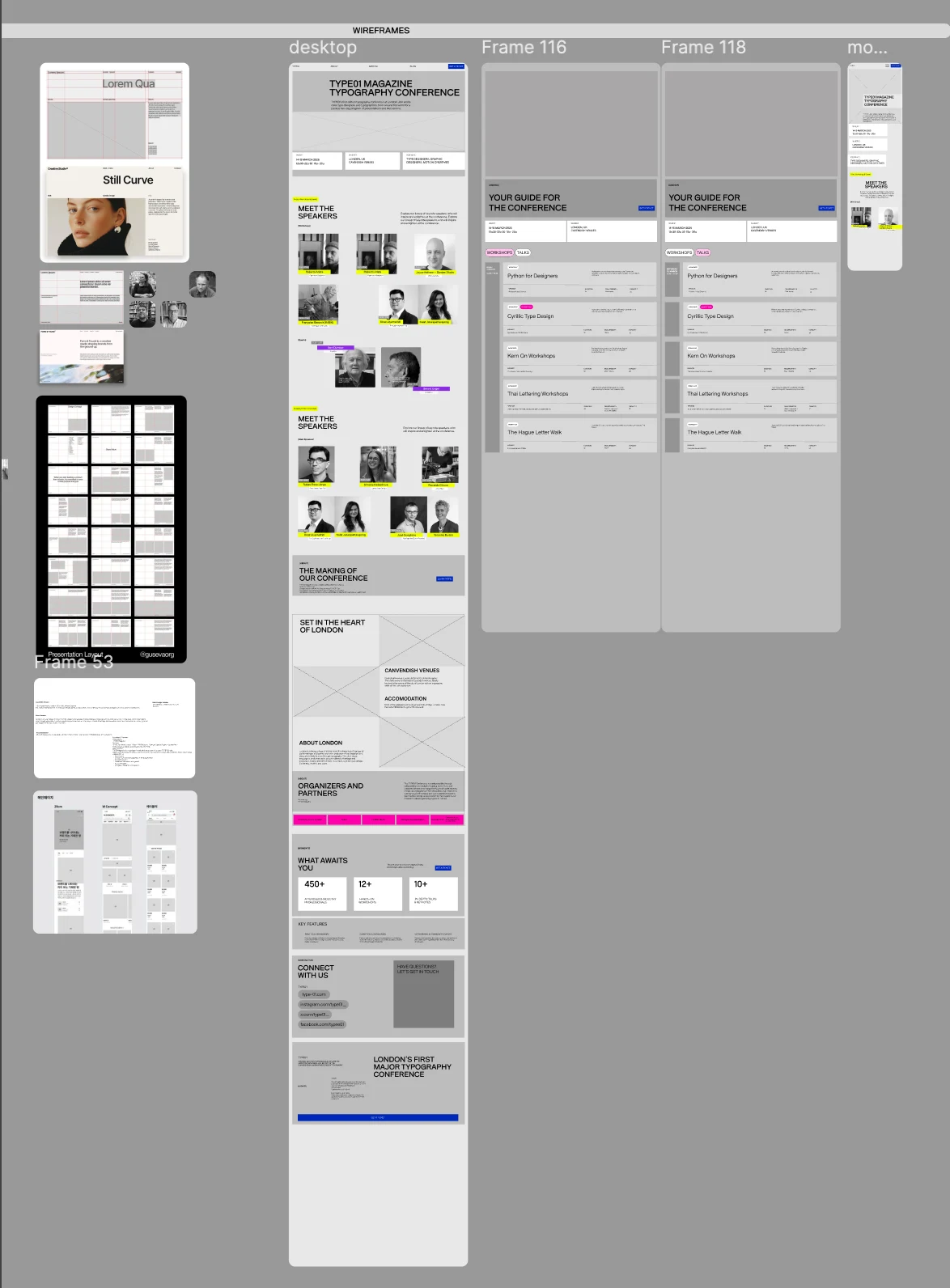 Wireframes in Figma: desktop homepage, conference program and mobile screens